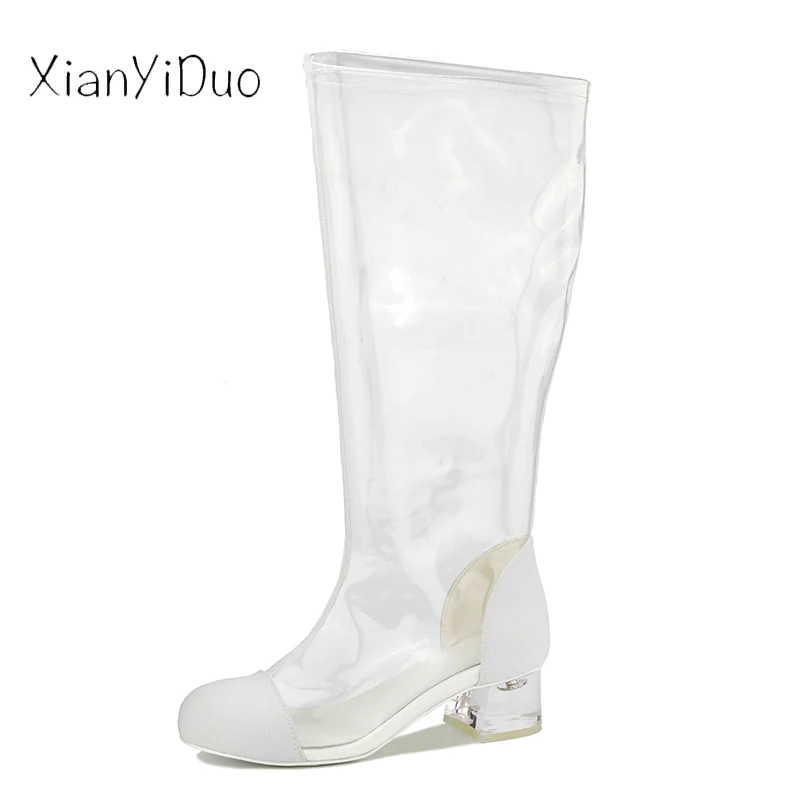 

2019 Spring new fashion Women's Shoes boots Party Knee-High Middle Heel Multi Sexy big size 40-48 transparent heel Clear //360-2