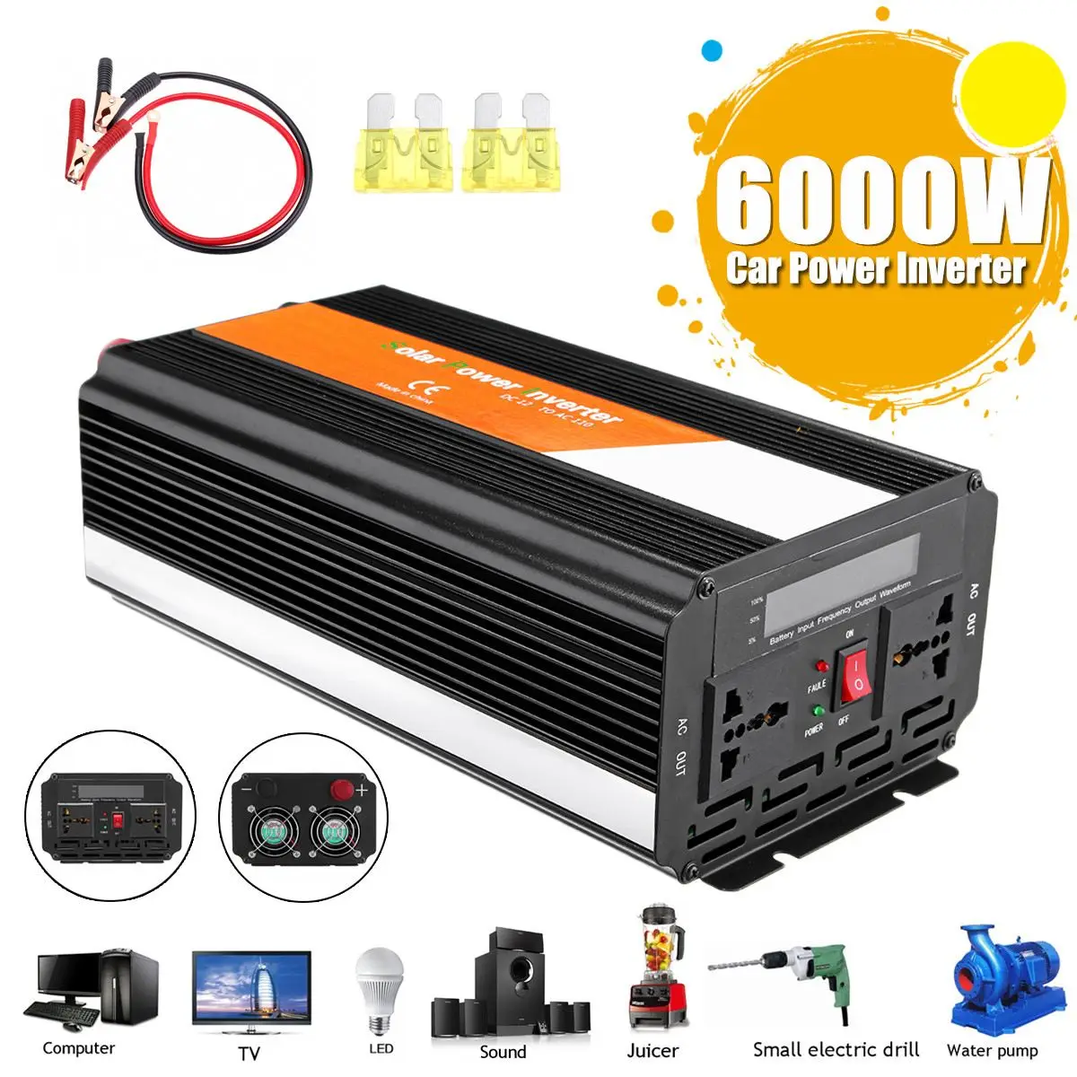 

Car Inverter DC 12V AC 200-240V 6000W Peak- Modified Sine Wave Converter Power Voltage Transformer + LCD Display Aluminum Alloy