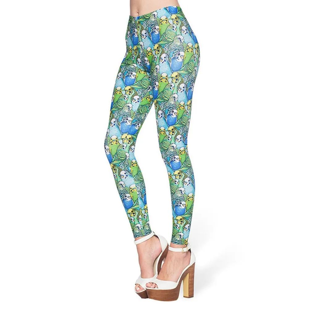 

2019 New Women Casual High Waist Elastic Pants Slim Fit Thin Budgie Parrot Print Leggings
