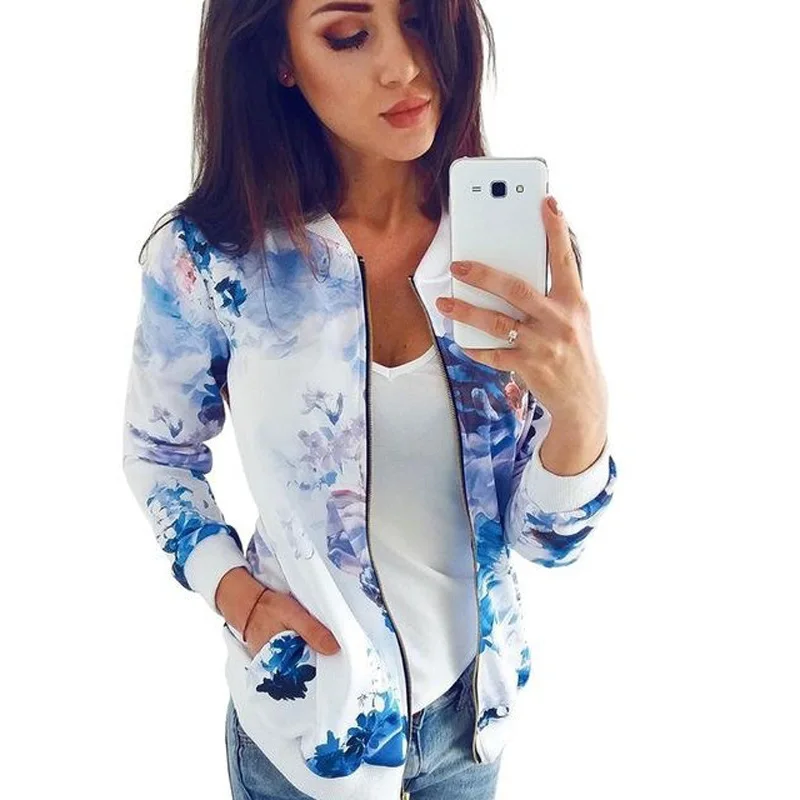 Women Jacket Fashion Ladies Retro Floral Zipper Up Bomber Jacket Casual Coat Autumn Spring Print Outwear Women Clothes feminino 