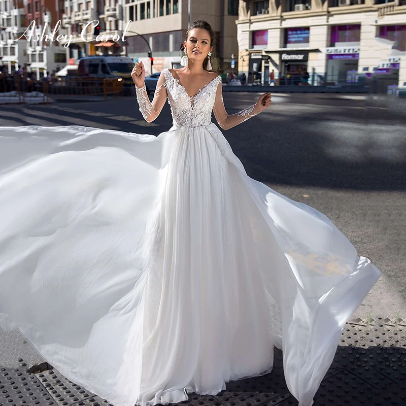 

Ashley Carol Appliques A-Line Wedding Dress 2019 V-neck Full Backless elegant ceremony long party Bridal Gown Vestido de Noiva