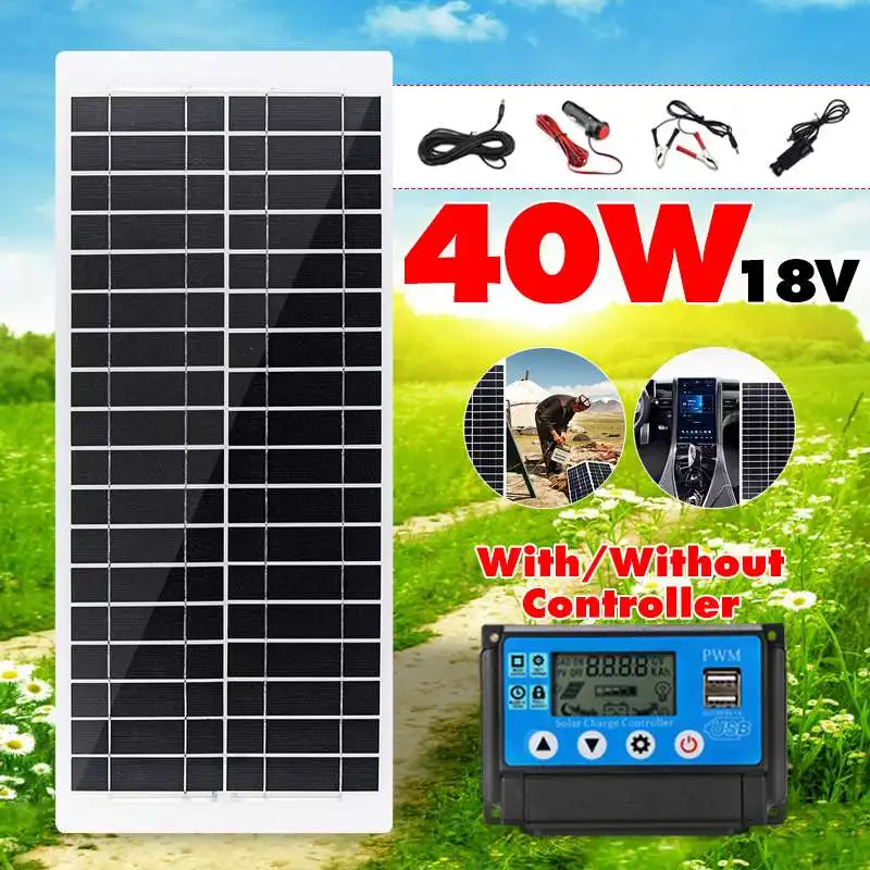 

40W 18V Solar Panel USB Interface Solar Cell Module + 10/20/30/40/50A Controller For Battery Cell Phone Chargers Cigarette Light