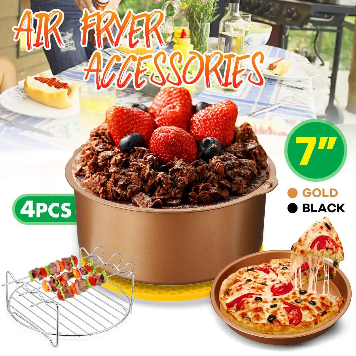

4Pcs 7 Air Fryer Accessories Gold Household Home Kitchen Cooking Baking Tools Kits Fit all 3.2-6.8QT Air Fryer High Quality
