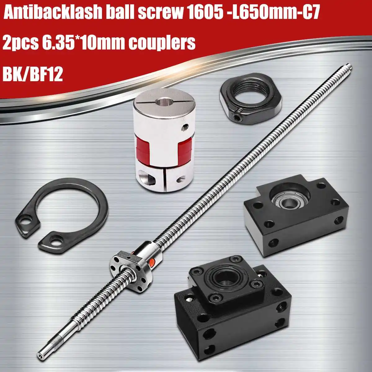 

SFU1605-650mm rolled ball screw 1605 -L650mm-C7+BK/BF12 Support+ 2pcs 6.35*10mm couplers