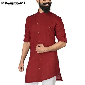 

INCERUN Muslim Clothes Men Shirt Suit Long Sleeve Button Stand Collar Cotton Vintage Shirt Men Islamic Arab Kaftan Shirt