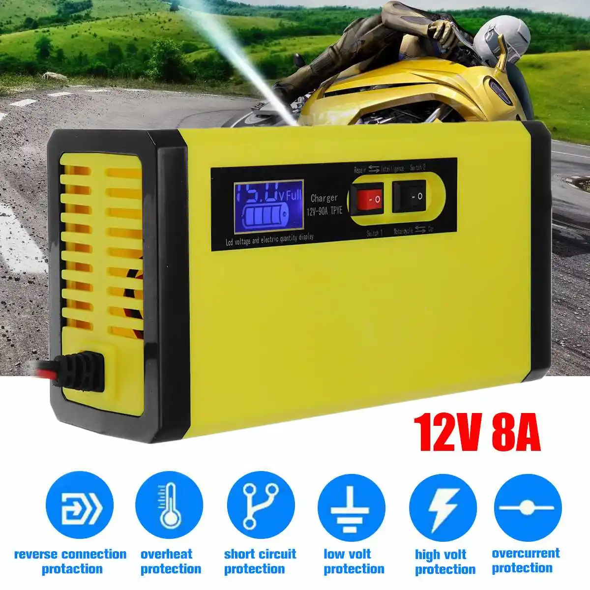 

100W 12V 8A 100-240V Intelligent Battery Charger Pulse-Repair For Car Motorcycle Wet Lead Acid EU/US Plug LCD Display Lightweigh