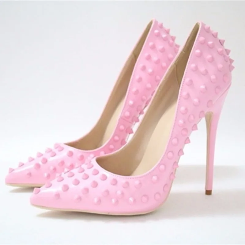 

Cheapest Women Stiletto Rivet Pumps Size 10 High Heel 12cm Discount Shoes Slip-on Pointed Toe Metallic Decor Sexy Lady Pumps