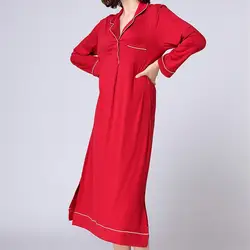 Весна осень длинный рукав тонкие пижамы женские кнопки карман твердые ночные рубашки вискоза отложной воротник миди пижамы