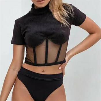 

Fashion New Women Sexy Turtleneck Mesh Transparent Knitted Patchwork Summer Crop Top Ladies Short Sleeve Slim T-Shirt Female Tee