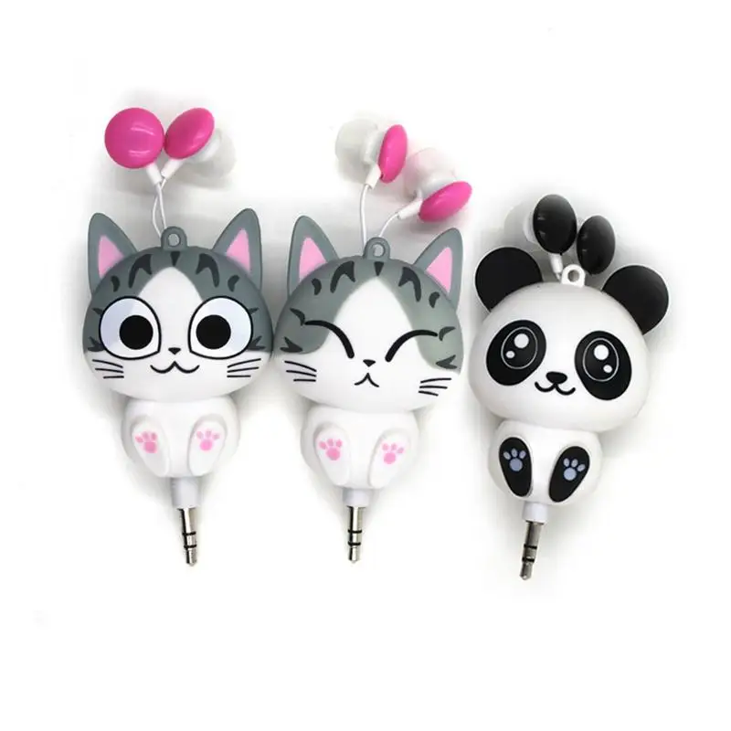 

3.5 Mm Wired Retractable In-Ear Headset Cartoon Cat /Panda Earpiece Clip Headset High Quality And Clear For All Mobile Phone