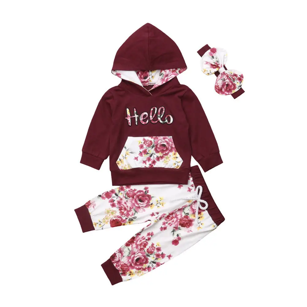 

3 pieces hello Print Long Sleeve Floral Hoodie Top and Pant with Headband Set For Toddler Girl Autumn Spring Clothes