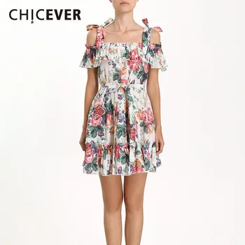 

CHICEVER Summer Off Shoulder Print Women Dress Slash Neck High Waist Pockets Short Sleeve Mini Dresses Female Fashion 2020 New