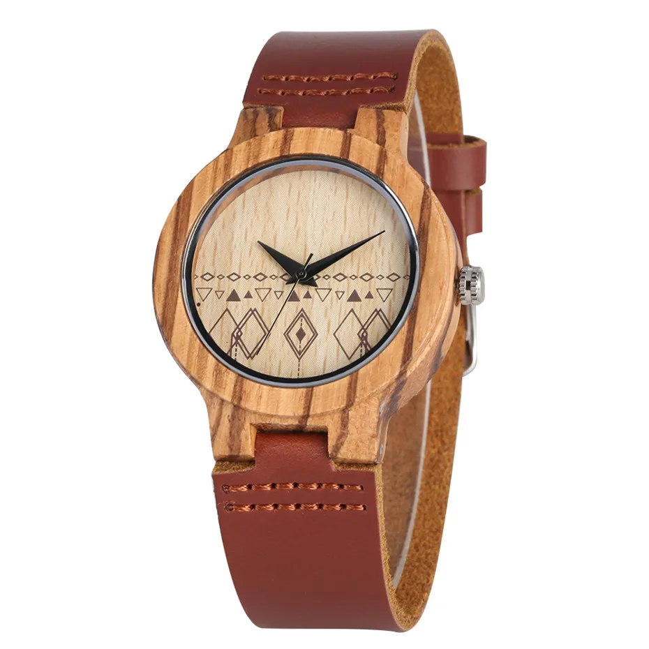 

Women's Wood Watch Quartz Timepiece Fashion Brown Genuine Leather Watch Ladies Classic Diamond Pattern Display Dial New 2019