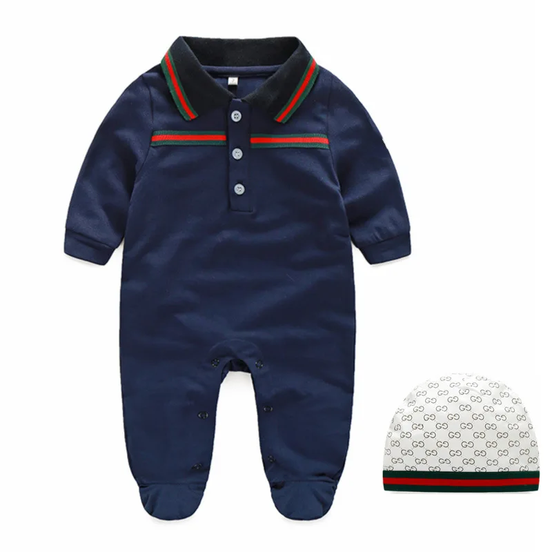 

2019 Spring European Baby white and dark blue long-sleeved cotton piece Romper climbing clothes baby boys and girls Romper Sets