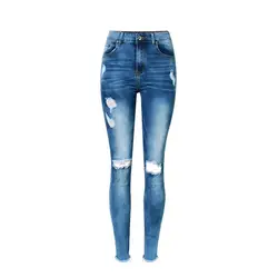 2019 для женщин Высокая талия рваные штаны-карандаш с отверстиями модные однотонные обтягивающие джинсы Уличная сезон: весна-лето