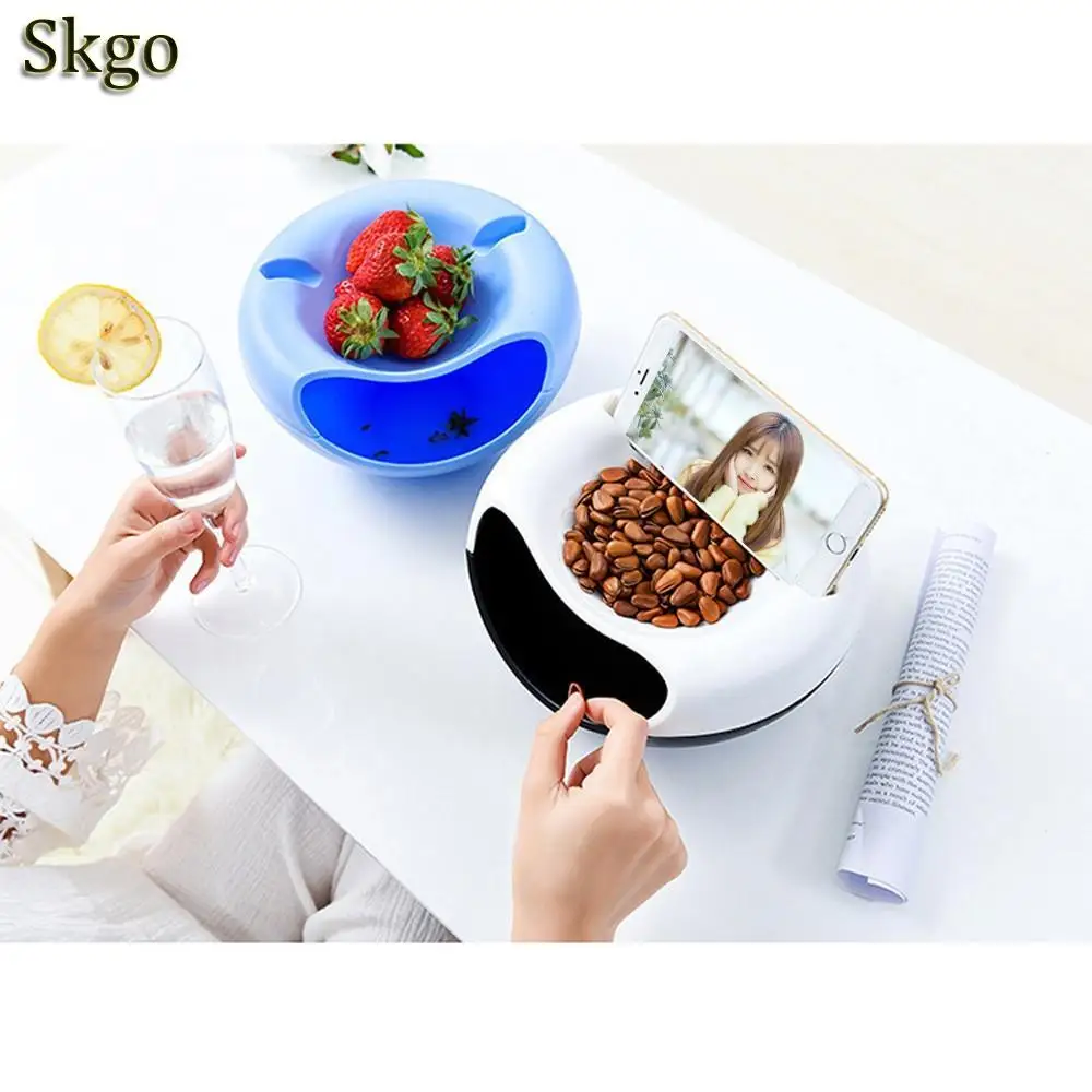 

New Creative Bowl Double Layer Dry Fruit Containers Snacks Storage Box Garbage Holder Plate Dish Organizer With Phone holder