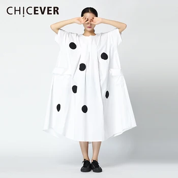 

CHICEVER Dot Dresses For Women Loose Oversize O neck Short Sleeve Hem Asymmetrical Two Pockets Summer Dress Female Fashion New