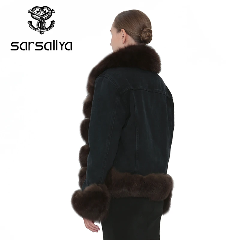 SARSALLYA Натуральный Реальный лисий мех джинсовая куртка Для женщин пальто парка меховой воротник пальто зима теплая женская одежда парка пальто