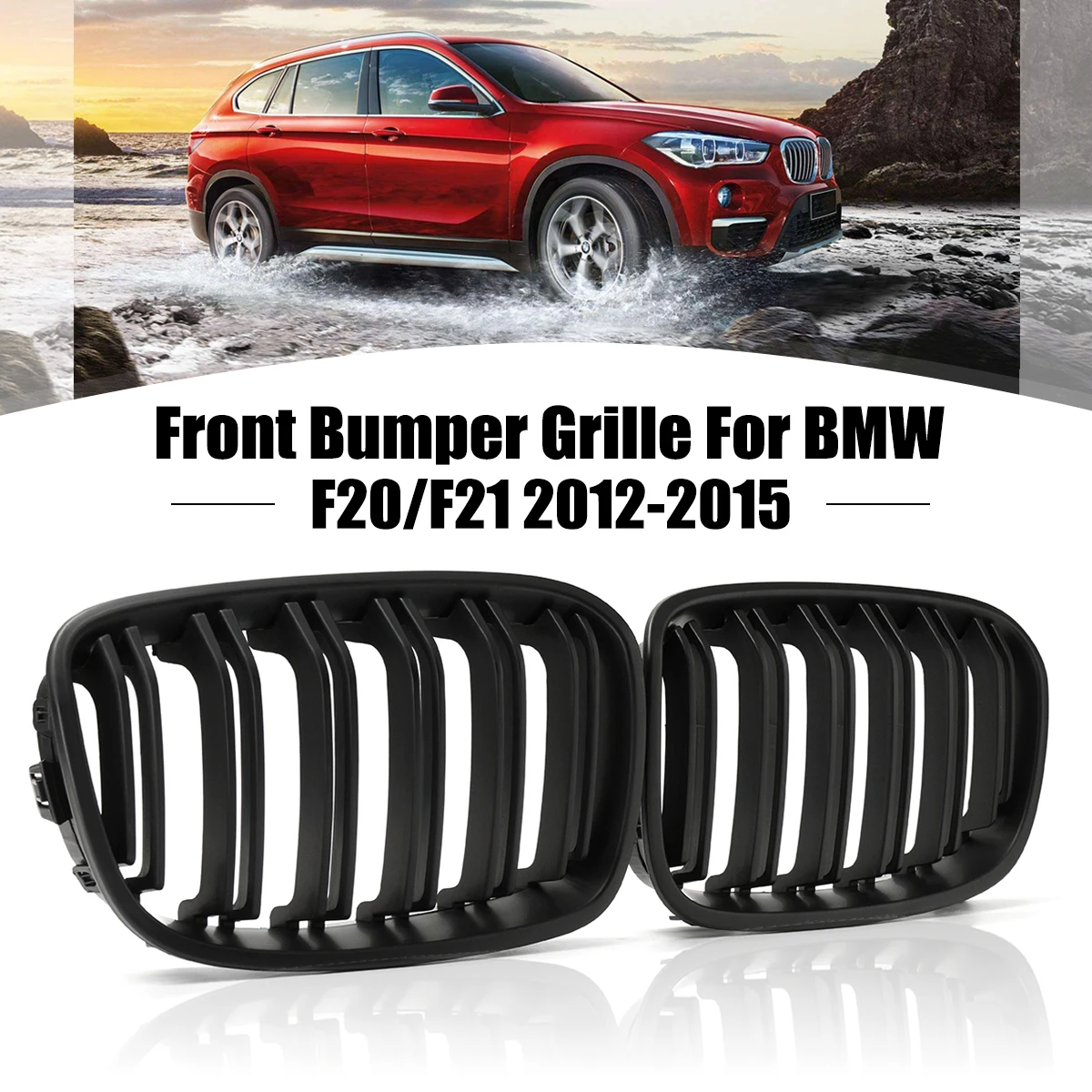 

for BMW F20 F21 1 Series 2012 2013 2014 2015 Pair ABS Replacement Matt Black Front Bumper Kidney Grille Grill 2 Line Double Slat