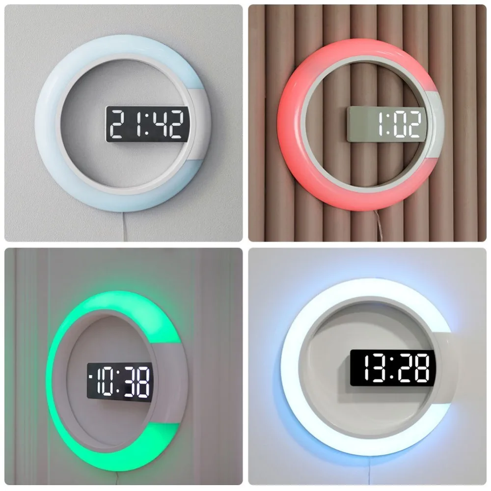 Reloj de pared digital Led con control remoto Reloj de pared creativo LED espejo hueco con alarma/temperatura anillo de luz 7 colores cambio Reloj de pared digital Led con control remoto Reloj de pared creativo LED espejo hueco con alarma/temperatura anillo de luz 7 colores cambio
