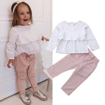 

Kids Baby Girl Autumn Outfits Clothes Ruffled Tops Blouse Plaid+Pants 2PCS Set Cotton Girl Clothing