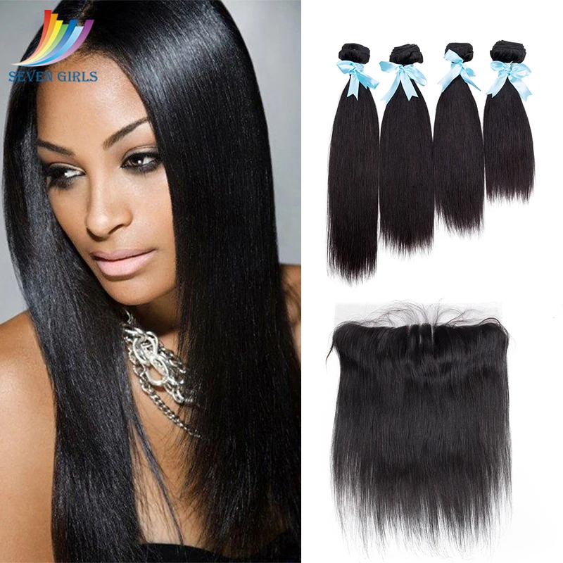 

Sevengirls Peruvian Straight 4Bundles With 13*4 Lace Frontal Natural Color 100% Virgin Human Hair Raw Hair For Women