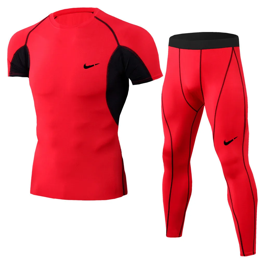 

New Fitness Men Sets Pure black Compression Shirts + Leggings Base Layer Crossfit Brand Short sleeve T Shirt Clothing Set