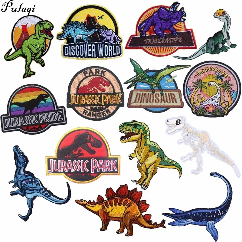 

Pulaqi Badges Jurassic Park Patches Iron-on Embroidered Sewing Applique For Clothes Apparel DIY Jurassic Period Animal Badges H