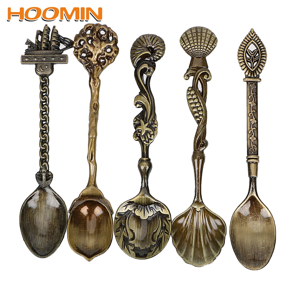 

HOOMIN 5pcs/set Stainless Steel Spoon Sets Carved Vintage Royal Style Ice Cream Dessert Spoon Small Tea Coffee Spoon for Party