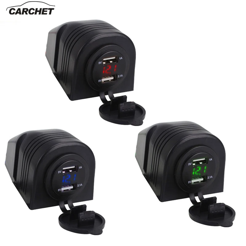 

CARCHET Waterproof Dual USB Plug Car Motorcycle Cigarette Lighter Socket Car Charger + LED Digital Voltmeter Meter Random Color