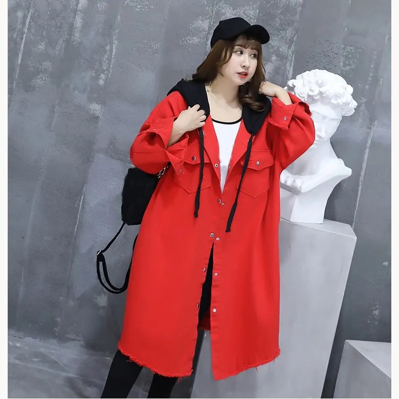 

2019 Spring Women Jeans Jacket Long Sleeve Denim Hooded Coat Patchwork Long Plus Size Coat Outwear