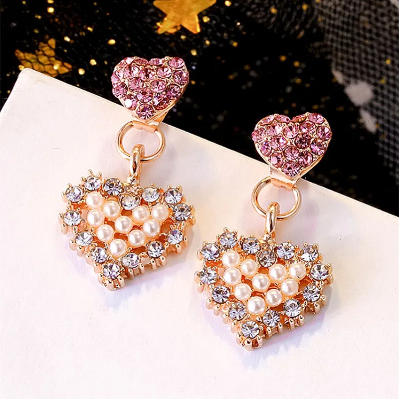 Buy Imitation Pearl Pink Heart Earrings Trend Crystal