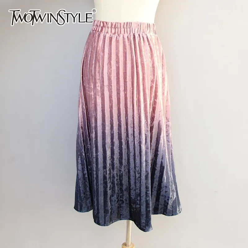 TWOTWINSTYLE бархатная юбка для женщин с принтом Эластичная Высокая талия миди длинные плиссированные женские юбки Весенняя модная одежда