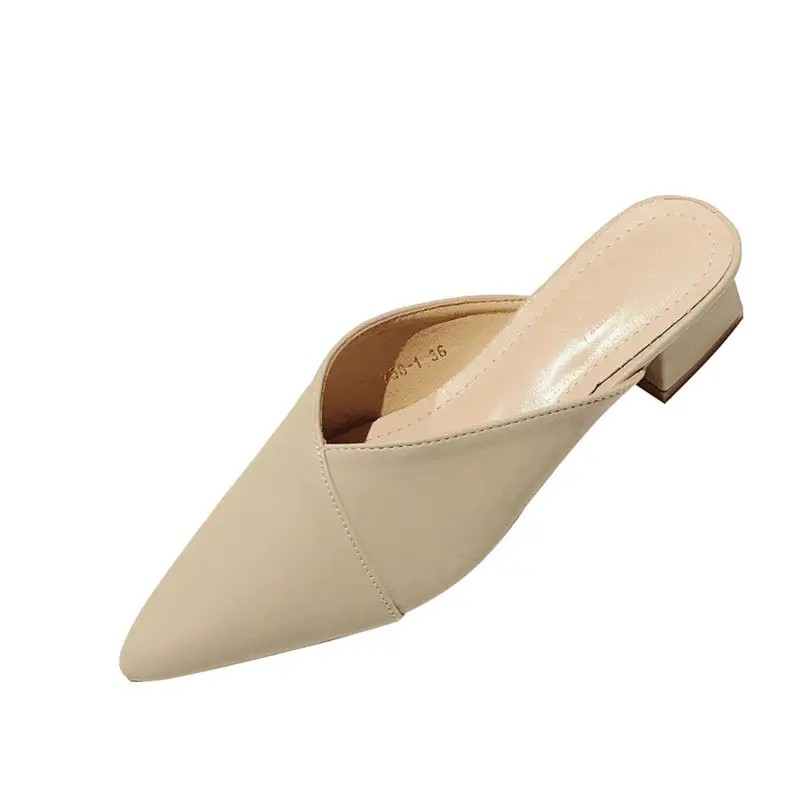 

Fashion Ladies Point Toe Genuine Leather Mules Medium Heel Slippers Women Shoes Woman Pumps