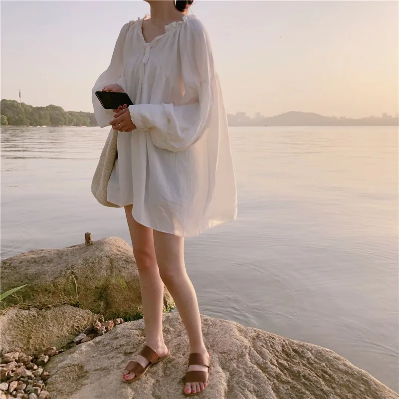 2019 New V Neck Lantern Sleeve Mini Shirt Dress Women Sweet Long Lace Up Summer Casual Solid Dresses | Женская одежда