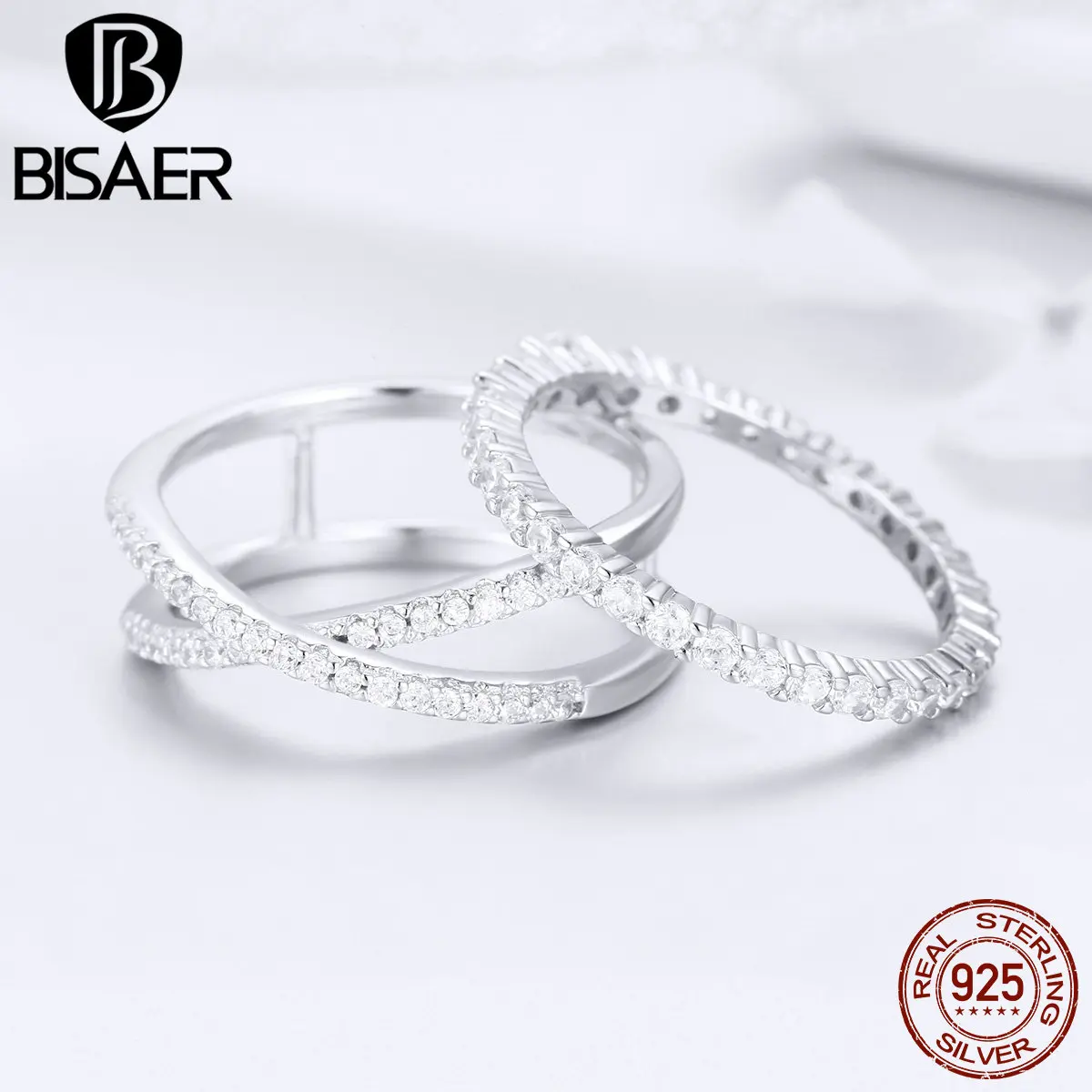 

BISAER 2pcs 925 Sterling Silver Bridal Wedding Finger Rings for Women Cubic Zircon Geometric Women Ring Jewelry Anel ECR463