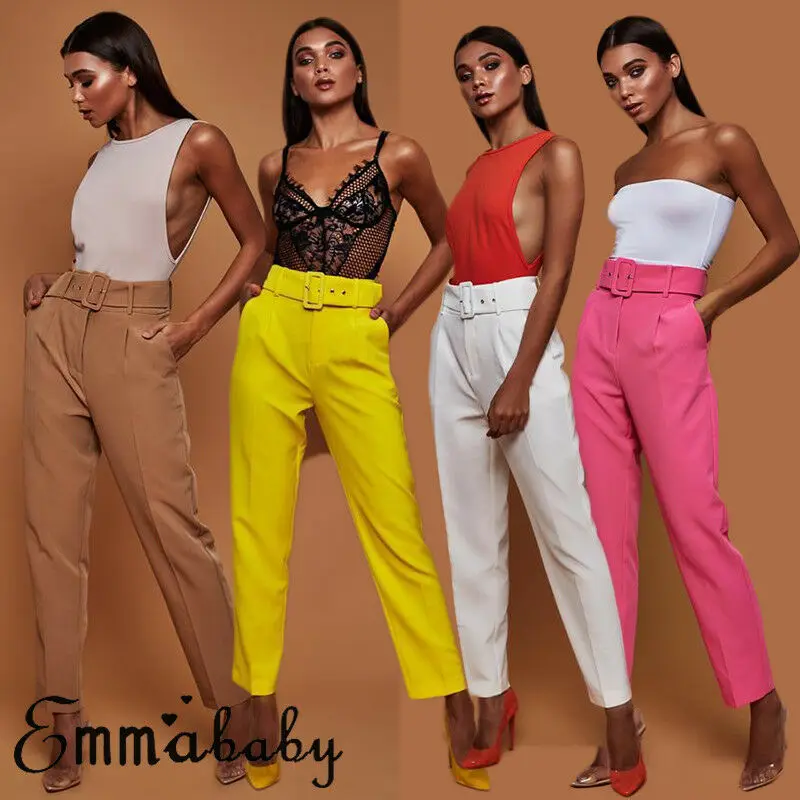 Elegant Women High Waist OL Career Pants Ladies Long Loose Casual Trousers With Belt Fashion Elastic Drawstring Trousers Elegant Women High Waist OL Career Pants Ladies Long Loose Casual Trousers With Belt Fashion Elastic Drawstring Trousers