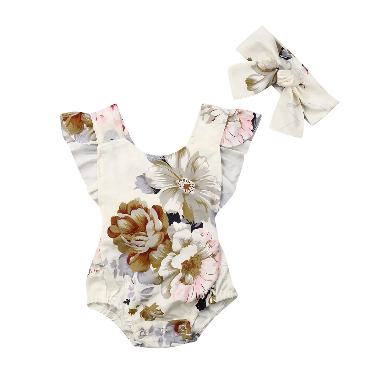 

2019 Summer Newborn Baby Girl Ruffles Sleeveless Backless Floral Romper Jumpsuit Headband 2PCS Outfits Sunsuit Clothes