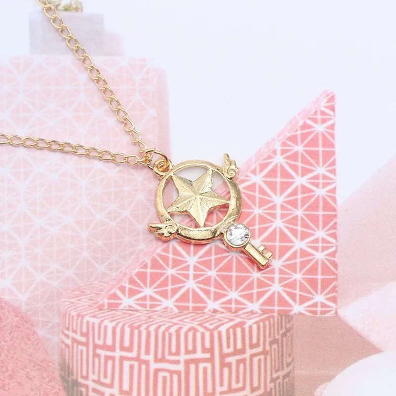 Anime Cardcaptor Sakura Necklace Women Cartoon Gold Metal Rhinestone Card Captor Sakura Kinomoto Star Necklaces Pendants Colar