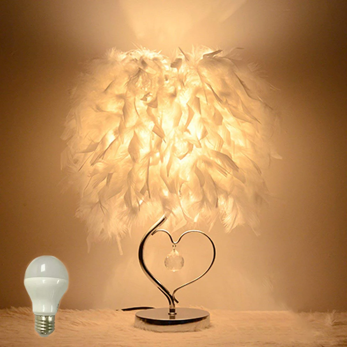 

Portable Feather Metal Rhinestone Bedroom Living Room Table Desk Lamp Bedside Light Decorative Lamp