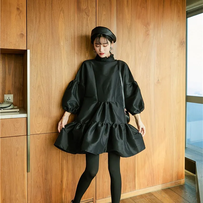 Женское плиссированное платье с рукавами фонариками однотонное высокой талией
