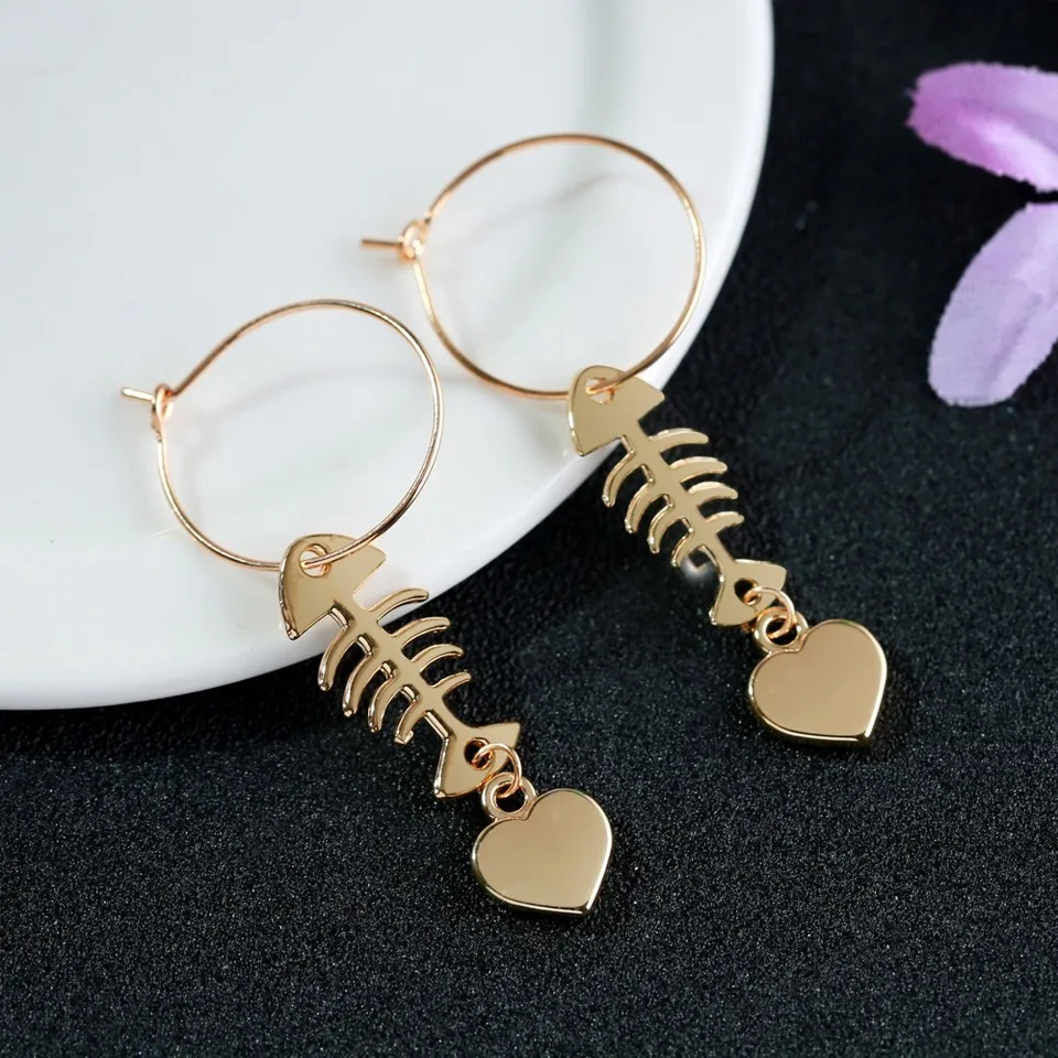 

New Fish Bone&Little Heart Drop Earrings Women Cute Free Shipping Beautiful Girls Birthday Earring Jewelry Gift