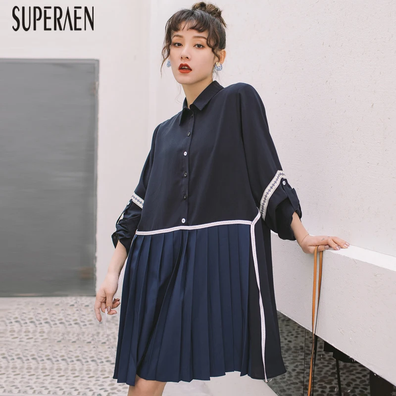 

SuperAen 2019 Spring and Summer New Women's Dress Europe Long Sleeve Ladies Pleated Dress Fashion Casual Women Clothing