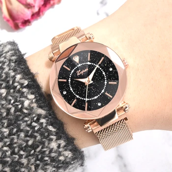 

Women Starry Sky Diamond Watches Luxury Mesh Ladies Dress Clock Magnet Buckle Geometric Surface Fashion Casual Quartz Wristwatch