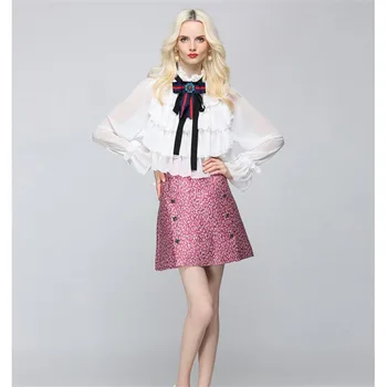 

2019 Summer Lady Sweet Vintage Girl Ladies Blouse Royal Court Princess Bow Collar Runway Chiffon Shirt Ruffles Shirt Clothes