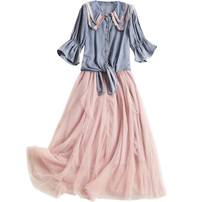 

2019 Spring Fresh Fashion 2 Pcs Set Pink Kawaii Spaghetti Strap Mesh Dress + Tassel Lapel Butterfly Half Sleeve Bow Woman Suits