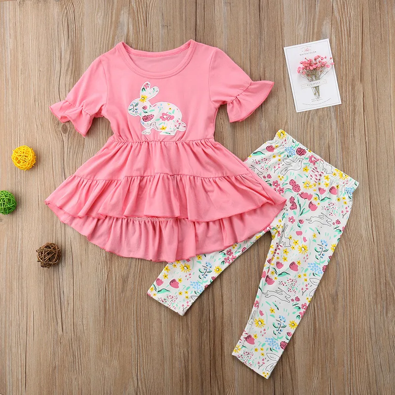 

2019 PPXX Floral Baby Girls Clothes Set Girl Ruffle Shirt Pants Pajama Suits Toddlers Clohing Set Kid Clothes Cartoon Rabbit
