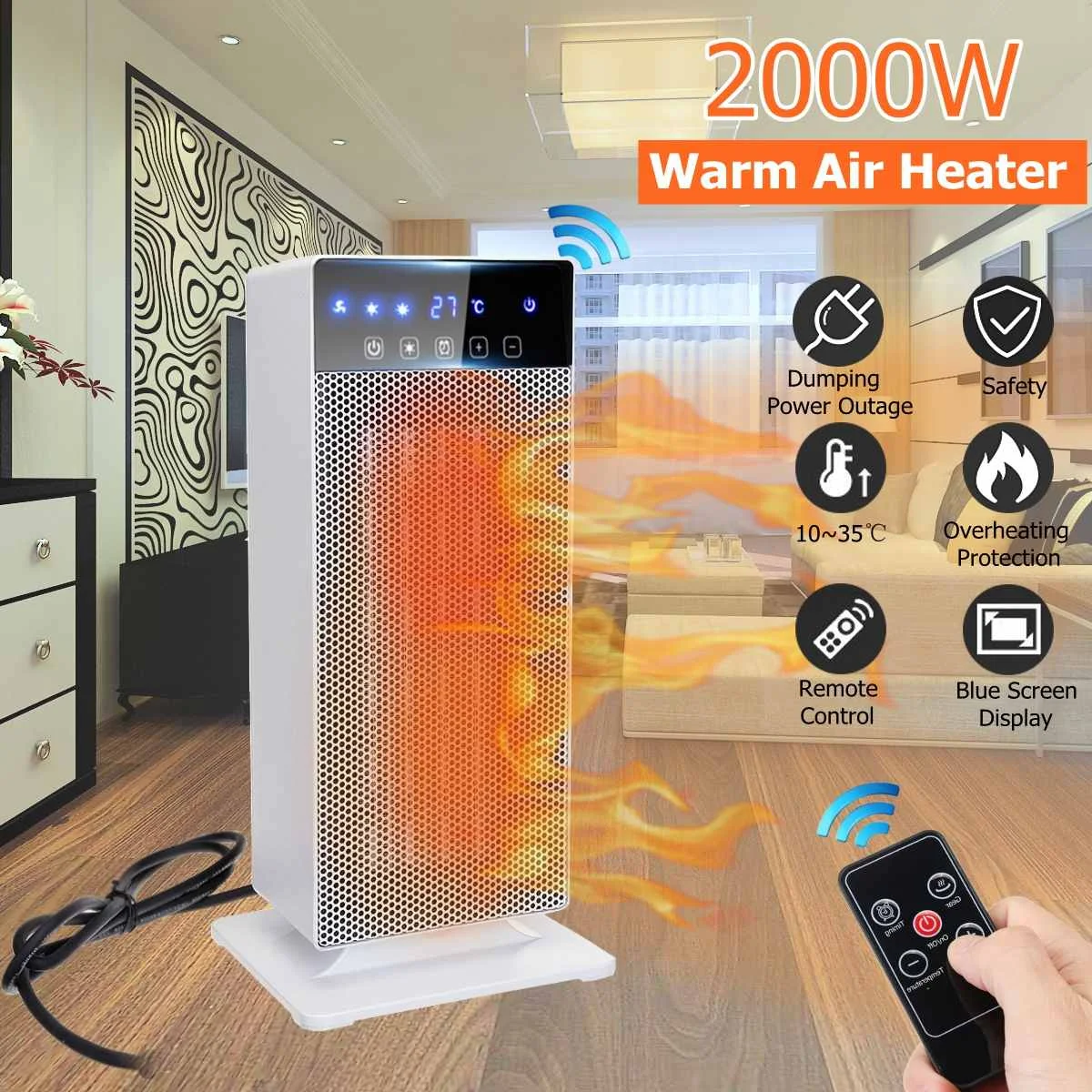 

2000W PTC Vertical Electric Warm Air Heater Silent fan Remote control/Mechanical models with LED Digital Display Home Office Use