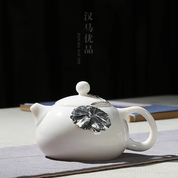 

China Dehua high-grade white jade ceramic handmade kungfu silver pot gift box kungfu teapot filter maker kettle teaware eremony
