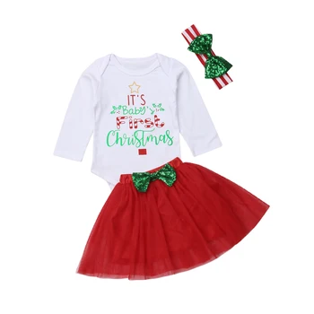 

My First Christmas Dress Baby Girls Infant Long Sleeve Romper Bow Tutu Skirts Headband 3PCS Outfit Set